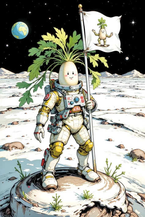 Closeup of daikon wearing a spacesuit on the lunar surface, large round face, comic,Gonzo, muppet punk,The moment a flag with a picture of a daikon is raised on the lunar surface,Style daikon ,Earth and stars background on the lunar surface, comicスケッチ,Gonz...