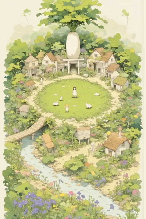 Aerial view of Daikon Village,In the center of the village, there is a vast radish field with neatly lined up white radishes and green leaves,Farmhouses with thatched and tiled roofs are scattered all around,Fairy Tale Village,view from above,Impressive bi...