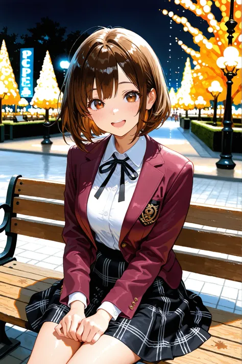 1girl, brown hair，Loose and fluffy bob,Maroon Blazer 、black ribbon、Check Skirt、background is night park,expression of joy、depth of field, fake traditional media, Picturesque, Impressionism, masterpiece, high score,  Great score , very high resolution highl...