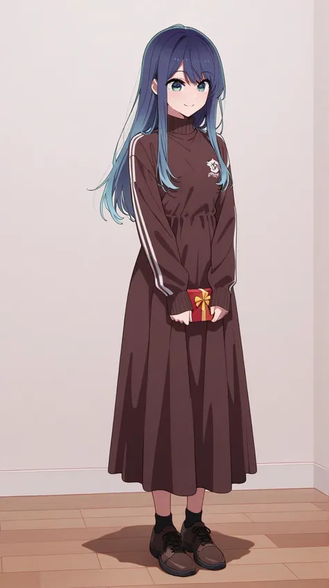masterpiece, Tops, The newest, small breasts, Kurokawa_AKANE_ilxl,  Season2 , atuendobase2, 1girl, blue hair, long hair, dress, blue eyes, , long sleeves,  brown shoes , bangs, sleeves beyond the wrists, brown dress, Jersey, turtleneck, happy,  holding a gift box in her hand , medium size, full body, standing, looking straight ahead, Birthday party background,  Party atmosphere 
