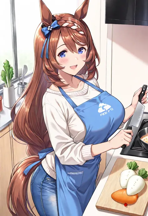 (masterpiece, best quality, perfect face:1.4), wide angle, super creek \(umamusume\), horse ears, ear ornament, horse tail, tail on the lower back, proportional body, proportional, beautiful hair, beautiful face, beautiful detailed eyes, beautiful clavicle, beautiful body, beautiful chest, beautiful thigh, beautiful legs, beautiful fingers, looking at viewer, BREAK, blue apron, (apron with piyo piyo logo:1.lim Jeans, white shirt, home, behind the kitchen counter, cooking, Carve a radish, daikon on a cutting board, holding a knife, BREAK, blush happy smile (open mouth), textured skin, realistic skin, HDR, BREAK, good hands,