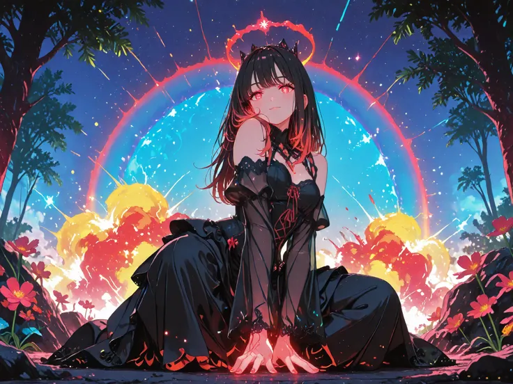(Anime girl with black hair and vibrant red tips:1.4), (glowing red eyes:1.3), (16k ultra detailed anime CG render:1.3), (masterpiece:1.5), (full body posing:1.35), whole-length ; head to toe ; up front view ; soft wind in hair ; surreal glowing sky ; neo...