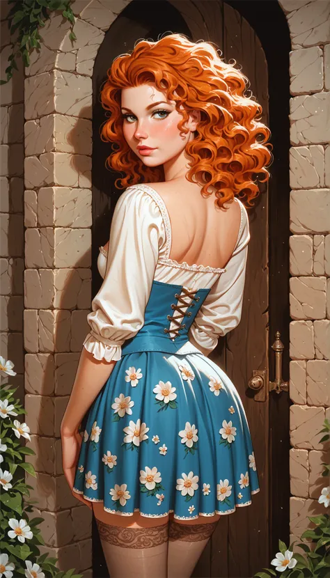 Loose and soft merida skirt, body, long stockings, half body, from behind, seductive, skirt with floral details on the finish, looking back, medieval setting, sensuality