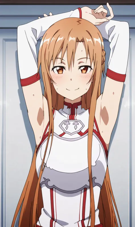 masterpiece, best quality, amazing quality, anime screencap, anime coloring, 1girl, solo, Yuuki Asuna, Yuuki Asuna SAO costume, White Armor, White plate, White isolated sleeve, (character), long hair, detached sleeves, bare shoulders, arms up, both raised ...