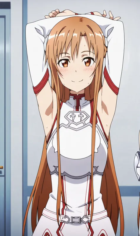 masterpiece, best quality, amazing quality, anime screencap, anime coloring, 1girl, solo, Yuuki Asuna, Yuuki Asuna SAO costume, White Armor, White plate, White isolated sleeve, (character), long hair, detached sleeves, bare shoulders, arms up, both raised ...