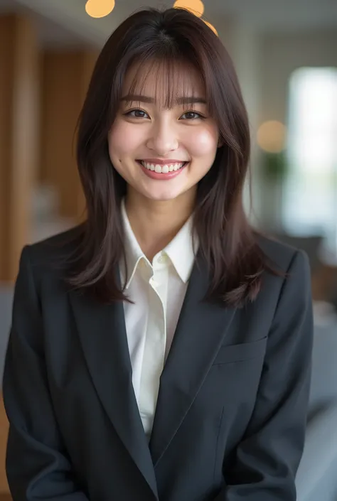 Neat Young Woman、and look at the camera、smile showing teeth、office lady suit、jacket、shirt、、、耳にピアス、 、黒髪、、Background is in a room、

