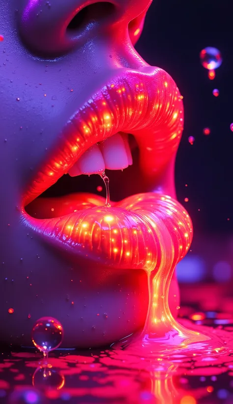 Hyper realistic and high detail close-up of sensual lips covered in glowing liquid, dripping slowly in vibrant neon colors of pink, orange, and violet. The lips are slightly parted, revealing glistening white teeth beneath. The skin is wet, with ultra-deta...
