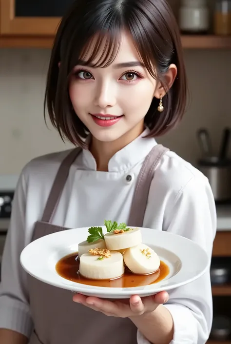 ((A dish with daikon on a plate and demi-glace sauce on it)), 皿を持ってSmile Yan, home kitchen , 🧑🍳 ,Smile Yan