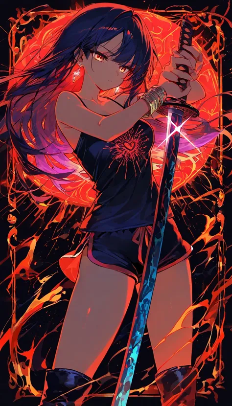 (beautiful girl : 1.3),1 girl,(camisole,bracelet,earrings,boots),colorfulな髪,long hair,No expression,limited palette,black background,colorful,vibrant,Shining Contours,neon,black light,Martial arts poses,holding a Japanese sword,Glowing particles,masterpiece,top quality,Rich Contrasts,High Definition,8k,high definition CG unit wallpaper,Textures,unbelievably absurd,RAW pictures,Deep Border 1 .2,very detailed