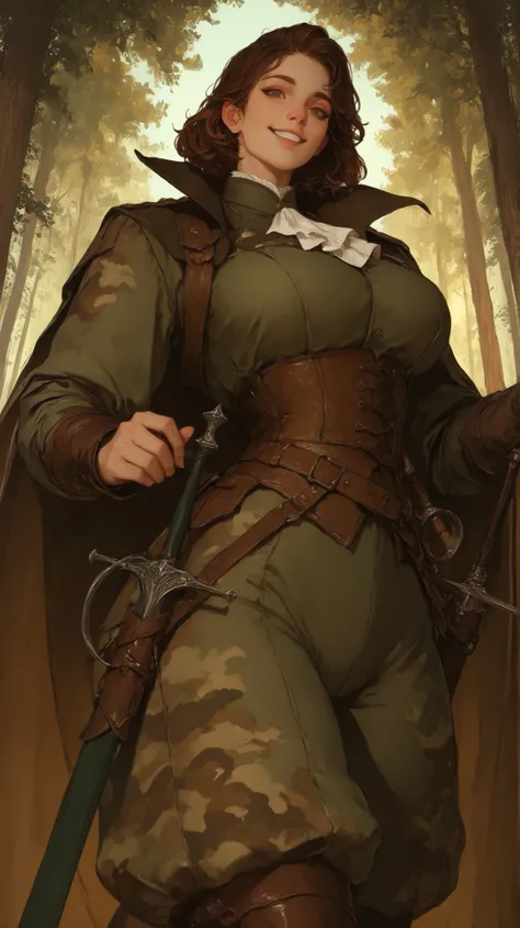 masterpiece, high score, great score, absurdres, solo, female, closeup, short hair, extremely tall female, broad shoulders, very large breasts, muscular, slim waist, wide smile, uniform, cape, forest, looking at viewer, cowboy shot, looking down, perfect, ...