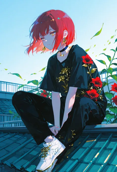A beautiful anime girl sitting cross-legged on a rooftop under a clear blue sky, red bob-cut hair flowing in the wind, soft facial features, large expressive blue and red gradient eyes, wearing a black oversized T-shirt with a vivid floral print (white lil...