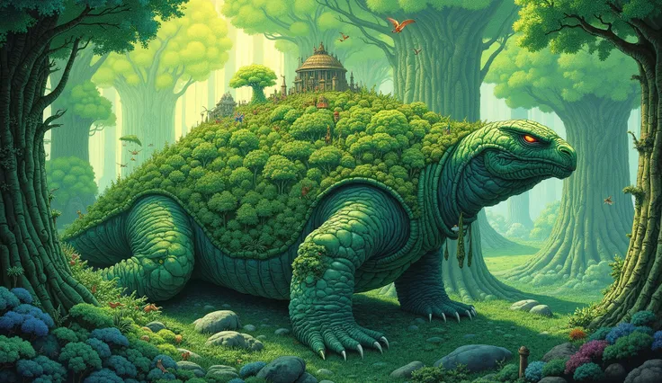 drkfnts style,(High-fantasy illustration, award-winning concept art, masterpiece), a vibrant, sun-drenched forest thriving on the back of a colossal, world-turtle-sized dragon. Crepuscular rays of morning light pierce the dense canopy of ancient, towering ...
