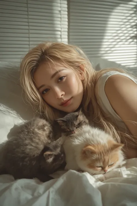 A beautiful woman taking a nap with many kittens. She closes her eyes and dozes off while stroking the cats.　8k, highest quality, masterpiece, realistic, ultra detailed, best quality, ultra high res, slow motion, smooth transitions, temporal coherence, The...