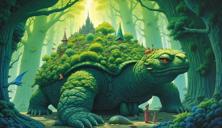 (High-fantasy illustration, award-winning concept art, masterpiece), a vibrant, sun-drenched forest thriving on the back of a colossal, world-turtle-sized dragon. Crepuscular rays of morning light pierce the dense canopy of ancient, towering trees, illumin...