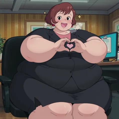 1girl,solo,mm,mature female,short hair,brown hair,black eyes,earrings,anime coloring,
formal, black suit,office lady,black skirt,sitting, on chair,office,looking at viewer, smile,indoors heart hands,
,masterpiece,best quality,amazing quality, fat, chubby, ...