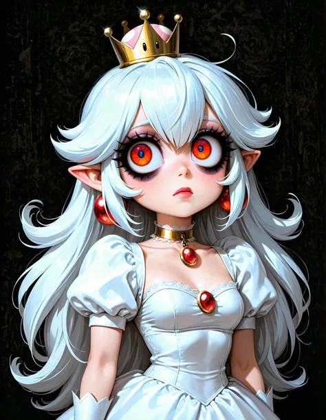 masterpiece, best quality, exhausted, big eyes, bags under eyes, eyeliner, (1girl, solo, eyelashes, 1girl, solo, long hair, breasts, looking at viewer, bangs, blue eyes, long sleeves, jewelry, closed mouth, upper body, white hair, earrings, choker,...