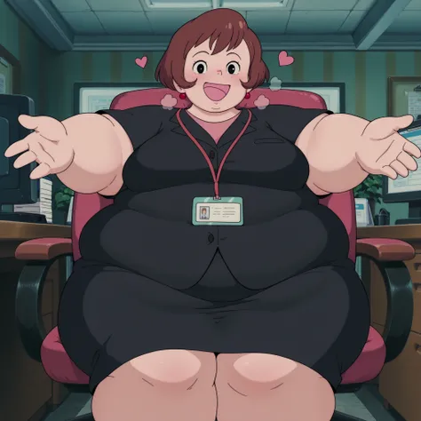 1girl,solo,mm,mature female,short hair,brown hair,black eyes,earrings,anime coloring,
formal, black suit,office lady,black skirt,sitting, on chair,office,looking at viewer, smile,indoors incoming hug,
,masterpiece,best quality,amazing quality, fat, chubby,...