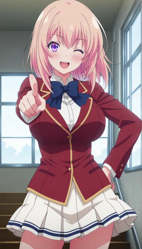  
masterpiece, best quality, very detailed, , masterpiece, best quality,  eyelashes, (Beautiful Eyes), cowboy shot,Ichinose Honami,  anime,  Official Illustration , Big Breasts, blush, ruddy skin,Big Breasts, medium hair , purple eyes ,    Gold ,red jacket...