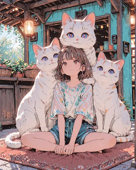 (transparently transparent Ethereal illustration), 
BREAK 
(perfect Slim body:1.2), (perfect cute face:1.2), (perfect narrow clear eyes:1.2), (perfect natural skin), 
BREAK 
1 girl, pots Merchant, girl in street stall, sitting on the A rug, little cats, su...