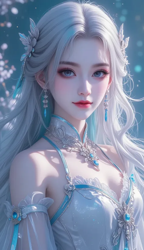 Voluptuous woman, gorgeous woman, gradient hair, long hair, voluminous hair, aqua eyes, gentle smile, glossy lips, gothic, thick eyelash , platinum hair, blue gradient highlight, light hair, multicolored hair, colored inner hair, (Mandarin gown dress, silv...