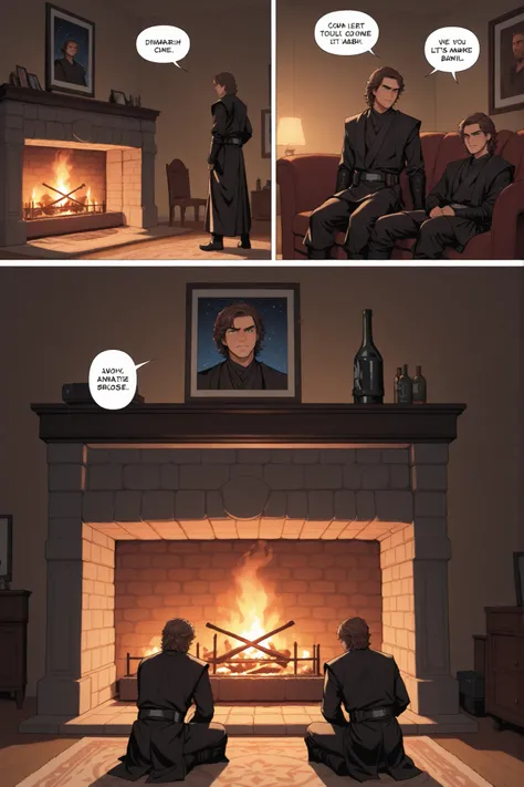 Star Wars comic, Anakin Skywalker looking embarssed talking ,handsome, huge pants buldge, dimly lit room, fireplace, naboo,
