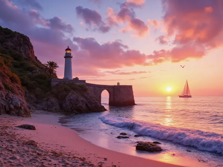 "Breathtaking sunset, The sky is dyed bright orange, Pink and purple reflected in the calm sea. Soft waves caress the white sand, There are smooth rocks and seashells. on the left, , The white lighthouse strokes the red summit, Illuminated, lush vegetation...