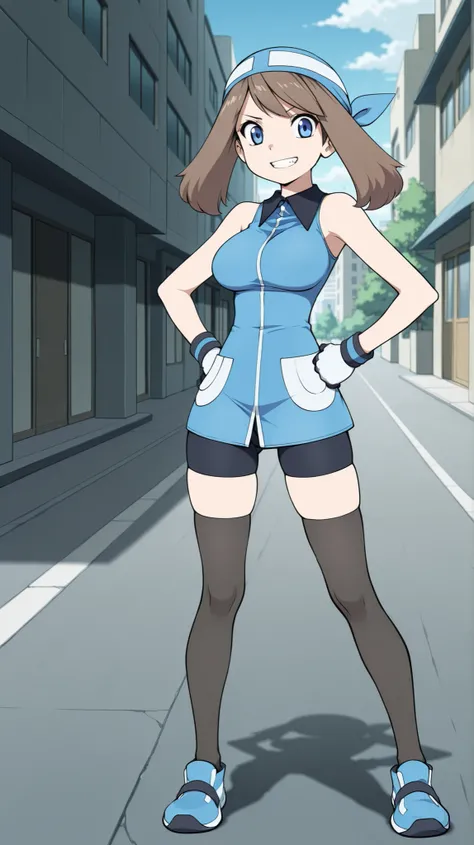 adult older sister, Tall, left hands on hips, black knee-high stockings, Absolute region, thighs, Blue shoes, ((anime screenshot, anime cong, )) SapphireBirchILXL, ((top quality)), ((masterpiece)), ((details)), solo, 1girl, two legs, two arms, anime colori...