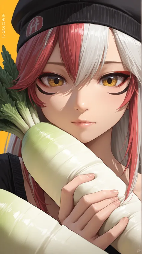 Kabuki Makeup,cinematic, (masterpiece), (top quality), (Super Detailed), very aesthetic,  watercolor illustration, The realistic illustration, Perfect configuration, complicated details, very high resolution, detailed faces with ofisu, (Anime, masterpiece, complicated:1.3), (top quality, high res texture, Highly detailed:1.2), (4K),(Incredibly Detailed:1.4),detailed eyes, irises, Real Shadow, Anthropomorphic Daikon,twisty,  This image shows a radish wearing a black hat and a black top, both are decorated with bright things, With a colorful floral pattern.  with bright yellow background , And that radish has multicolored hair. hands are placed close to the face, 