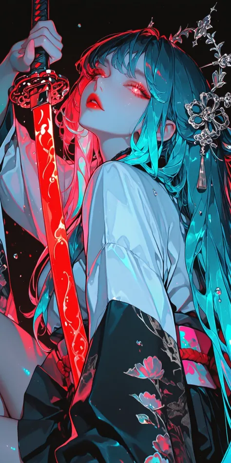 Girl, light jacket, neon color, glossy, glow, shine, She poses playfully on one knee, reaching out with one hand , skirts, more detail, intricate, view from below, back view, Woman, night, dark color pallette, holding katana, shining katana, iluminating ey...