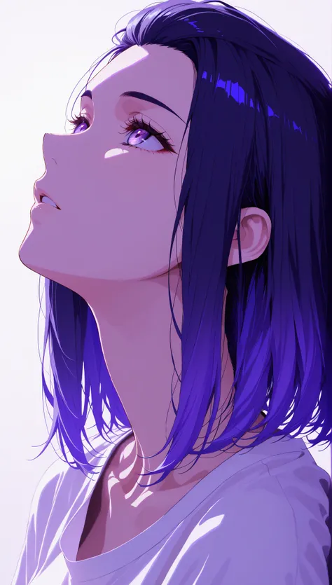 masterpiece, high score, great score, absurdres, close-up portrait, upper body, beautiful woman, navy hair, medium hair, hair slicked back, sidelocks, beautiful purple eyes, white t-shirt, simple background, vivid colors, volumetric lighting, soft lighting...