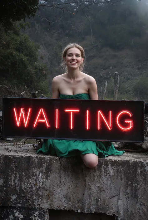They have the words "WAITING" on their chest in american english, the words on the sign are in english, the letters on the sign are bold, the letters on the sign are lit up in a random neon color, the sign has random characteristics, (woman:1), smile, pose...