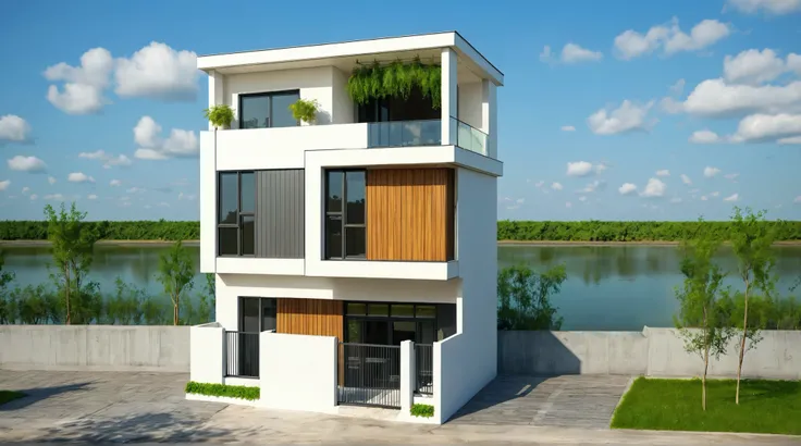 townhouse, (modern style:1.2), exterior design, perspective view, (white wall:1.3), wooden ceiling, open roofs, (block sidewalks and asphalt roads), (real sky background), Low trees around the house, overall peaceful atmosphere cinematic photo, (Neutral li...