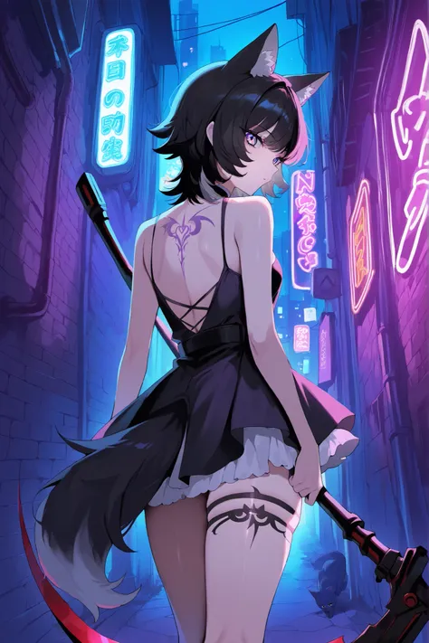 ((From front)), thigh up, Neko Female, ((wolf cut black hair, Black cat ears))) , long Wolf Cut black hair, (yellow and purple Ombre eyes), Black and white dress like Yor, wearing Chocker, wielding Scythe, back of alley background, Neon Lights, motorbikes ...