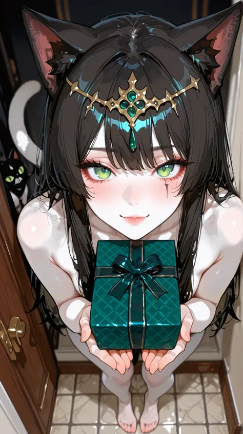 A full-length portrait of a graceful female anime cat with perfect white skin, smooth black hair that falls below the shoulders, and striking green eyes, naked and a cat's tail peeking out from behind, leaning gently forward while presenting a carefully wr...