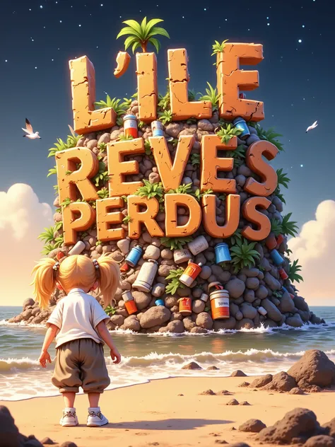 A highly detailed, whimsical, vibrant illustration poster featuring the title: “L'ILE des REVES PERDUS” made in recycled waste, garbage and damaged letters in a grunge, gross, cartoon font, this title on top of polluted island hill made of some colored tra...