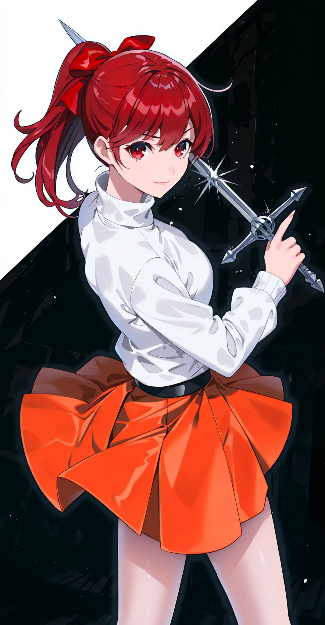 kasumi yoshizawa,light smile,masterpiece,rich colors,movie-like lighting,1girl,POV,Hold an iron rapier,dynamic pose,phizawa-wincas, white sweater, turtleneck sweater, long sleeves, black belt, orange skirt, black footwear, ankle boots, high heels,ruins, me...