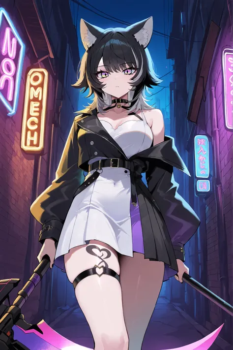 ((From front)), thigh up, Neko Female, ((wolf cut black hair, Black cat ears))) , long Wolf Cut black hair, (yellow and purple Ombre eyes), Black and white dress like Yor, wearing Chocker, wielding Scythe, back of alley background, Neon Lights, motorbikes ...