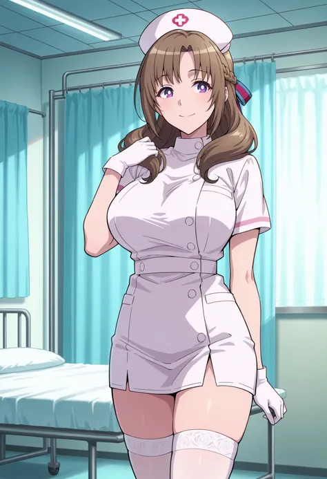 Score_9, score_8_up, score_7_up, source_anime, Mamako OOSUKI, solo, bronze hair, long_hair, hair ribbon, multicolored ribbon, braid, purple_eyes, huge_breasts, (best quality), (high quality), {masterpiece}, extremely delicate and beautiful, ultra-detailed,...
