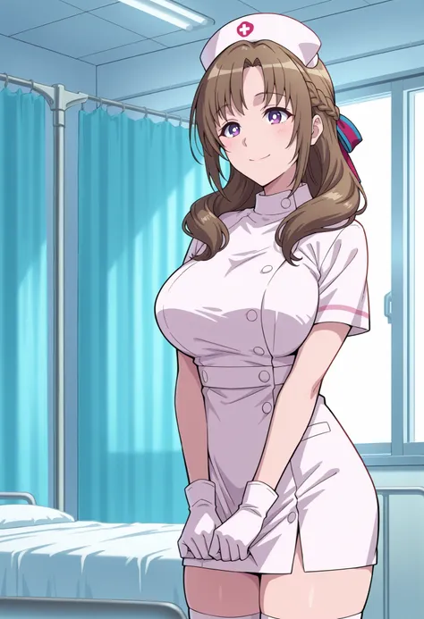 Score_9, score_8_up, score_7_up, source_anime, Mamako OOSUKI, solo, bronze hair, long_hair, hair ribbon, multicolored ribbon, braid, purple_eyes, huge_breasts, (best quality), (high quality), {masterpiece}, extremely delicate and beautiful, ultra-detailed,...