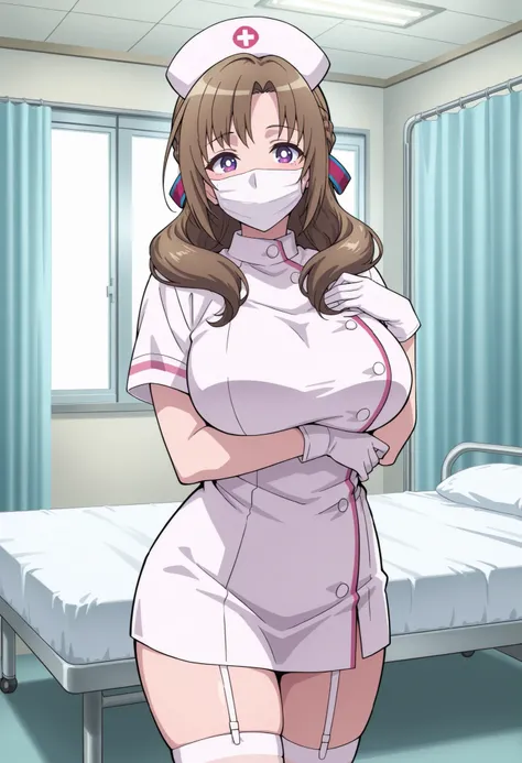 Score_9, score_8_up, score_7_up, source_anime, Mamako OOSUKI, solo, bronze hair, long_hair, hair ribbon, multicolored ribbon, braid, purple_eyes, huge_breasts, (best quality), (high quality), {masterpiece}, extremely delicate and beautiful, ultra-detailed,...