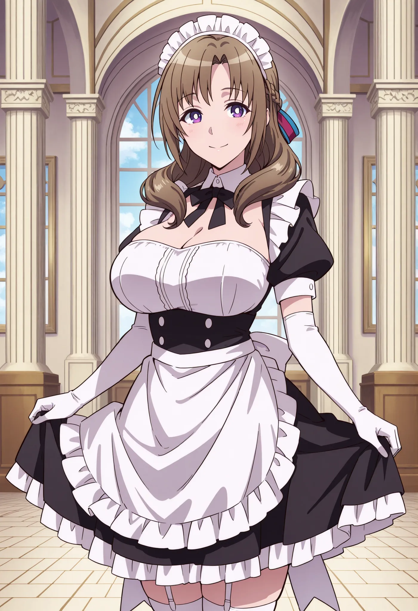 Score_9, score_8_up, score_7_up, source_anime, Mamako OOSUKI, solo, bronze hair, long_hair, hair ribbon, multicolored ribbon, braid, purple_eyes, huge_breasts, (best quality), (high quality), {masterpiece}, extremely delicate and beautiful, ultra-detailed,...