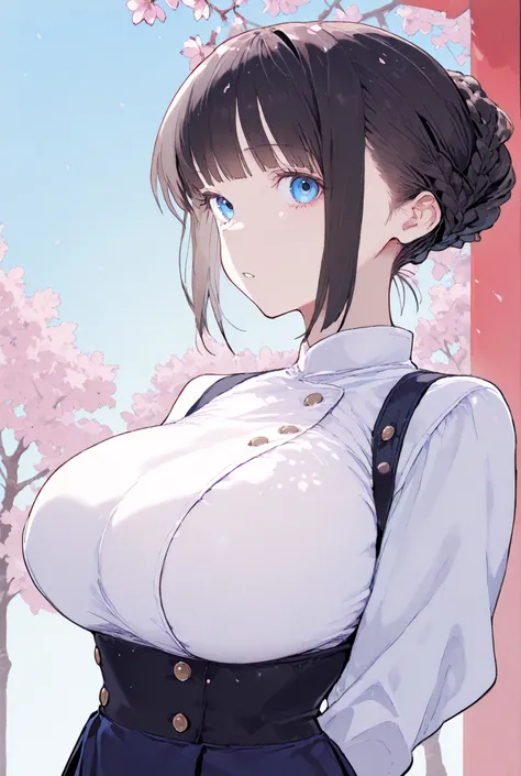1 woman 、dark haired、updo、huge breasts、double-breasted,underbust,shirt,skirt、 、 masterpiece, Highly detailed , Blue Sky、cherry blossoms 、, Blue Eyes、gradated eyes、4K Works, top quality ,１６age 、french braid