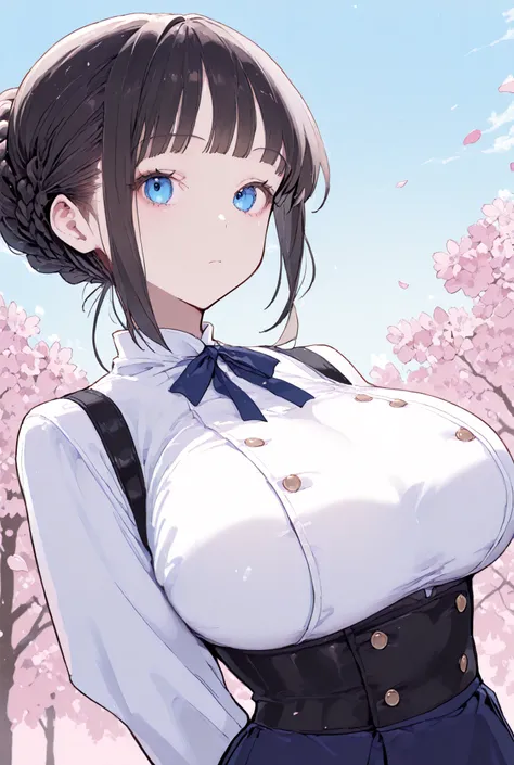 1 woman 、dark haired、updo、huge breasts、double-breasted,underbust,shirt,skirt、 、 masterpiece, Highly detailed , Blue Sky、cherry blossoms 、, Blue Eyes、gradated eyes、4K Works, top quality ,１６age 、french braid
