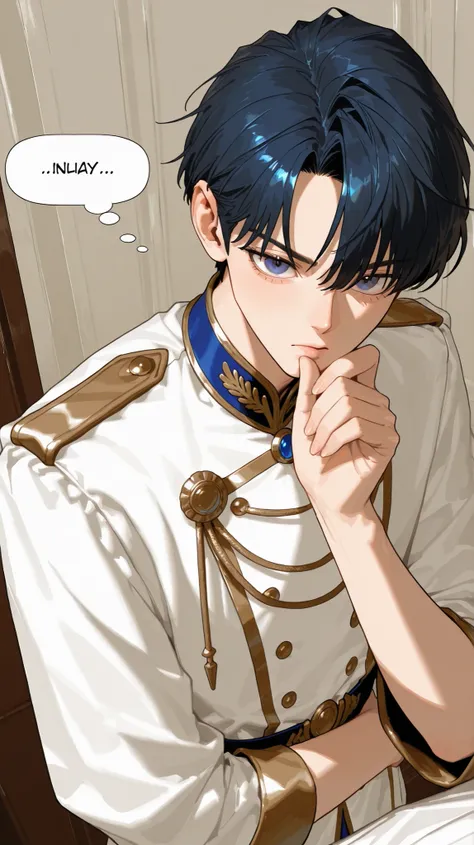 ((One beautiful handsome man)), male short navy hair), bangs, Smooth skin, classical and gorgeous Europa prince clothes, downcast look, ennui, huge and beautiful white room, thinking, Digital painting, 16K, Best quality, masterpiece, ultra-detailed, upper ...