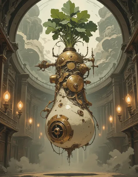 A colossal daikon radish transformed into a steampunk marvel, intricate copper gears and pistons embedded in its flesh, roots entwined with chains and pressure valves. Victorian-era laboratory backdrop with gas lamps, warm lighting. Mix: hyper-realistic da...