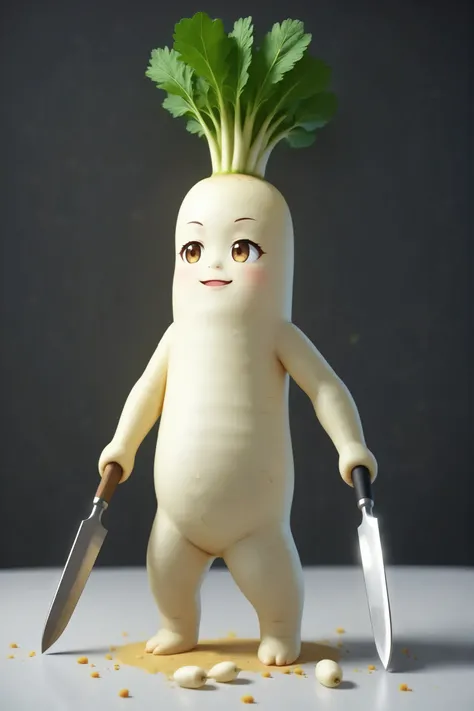 Amazing daikon animation, SFW art is modeled with white DAIKON, An elaborate and aesthetic world, ridiculous, a beautiful daikon, one, mixed atlas, the daikon evolute to beautiful woman, ninja armor and wield, cooking knives, 