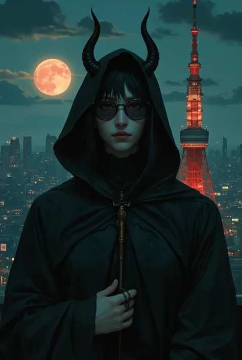 ((top quality、masterpiece、high sensitivity、high resolution、detailed depiction、Delicate Facial Description、Ｆvalue：6.0),((Slender Woman、wearing glasses)),is advanced digital art、The devil with a black cloak、has a black heart、pierce that heart with an ice pick、Cool Beauty、sit on top of Tokyo Tower illuminated by the light of the full moon、dark fantasy worldview、