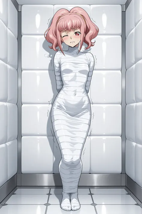 ,Code Geass: Hangyaku no Lelouch,Anya Alstreim,pink hair,red eyes,

, ,White bandage,All White tape,Mummification Bondage of White,White mummy,White mummification,White mummified,feet together,bondage,wrappedupgirl,Arms behind the body,Arm Mummification,
,...