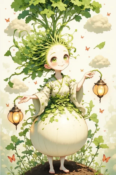 A whimsical and surreal art piece featuring giant, anthropomorphic daikon radishes in a fantasy garden. The daikons have cute smiling faces, leafy green hair, and wear tiny kimonos made of petals. They are dancing under glowing lanterns floating among clouds shaped like vegetables. Hyper-detailed, soft pastel colors, dreamlike lighting, Japanese ink-style brushwork blended with digital art, highly imaginative and playful
