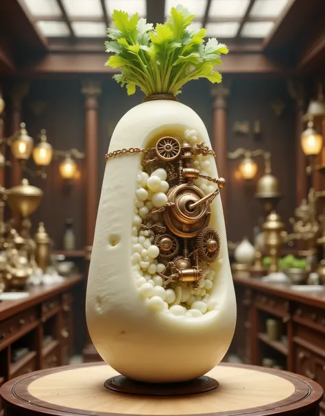 A colossal daikon radish transformed into a steampunk marvel, intricate copper gears and pistons embedded in its flesh, roots entwined with chains and pressure valves. Victorian-era laboratory backdrop with gas lamps, warm lighting. Mix: hyper-realistic da...